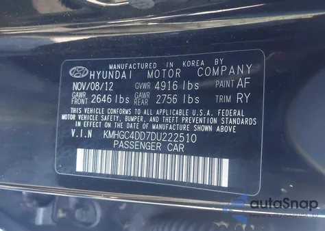 2013 Hyundai Genesis 3.8 from USA, damaged, VIN KMHGC4DD7DU222510